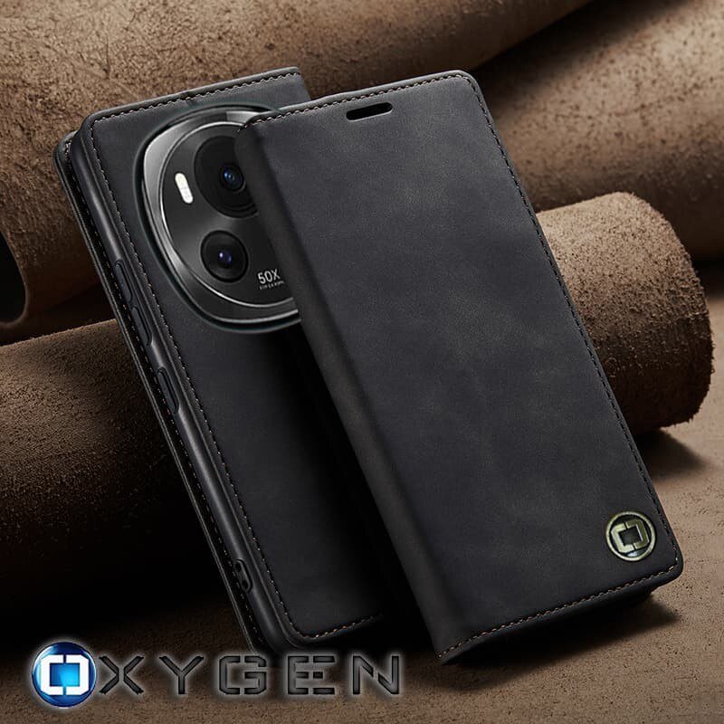 Na zdjęciu widoczne jest czarne etui na telefon z klapką, obok którego znajduje się telefon z widocznym aparatem fotograficznym. W dolnym rogu znajduje się logo OXYGEN.