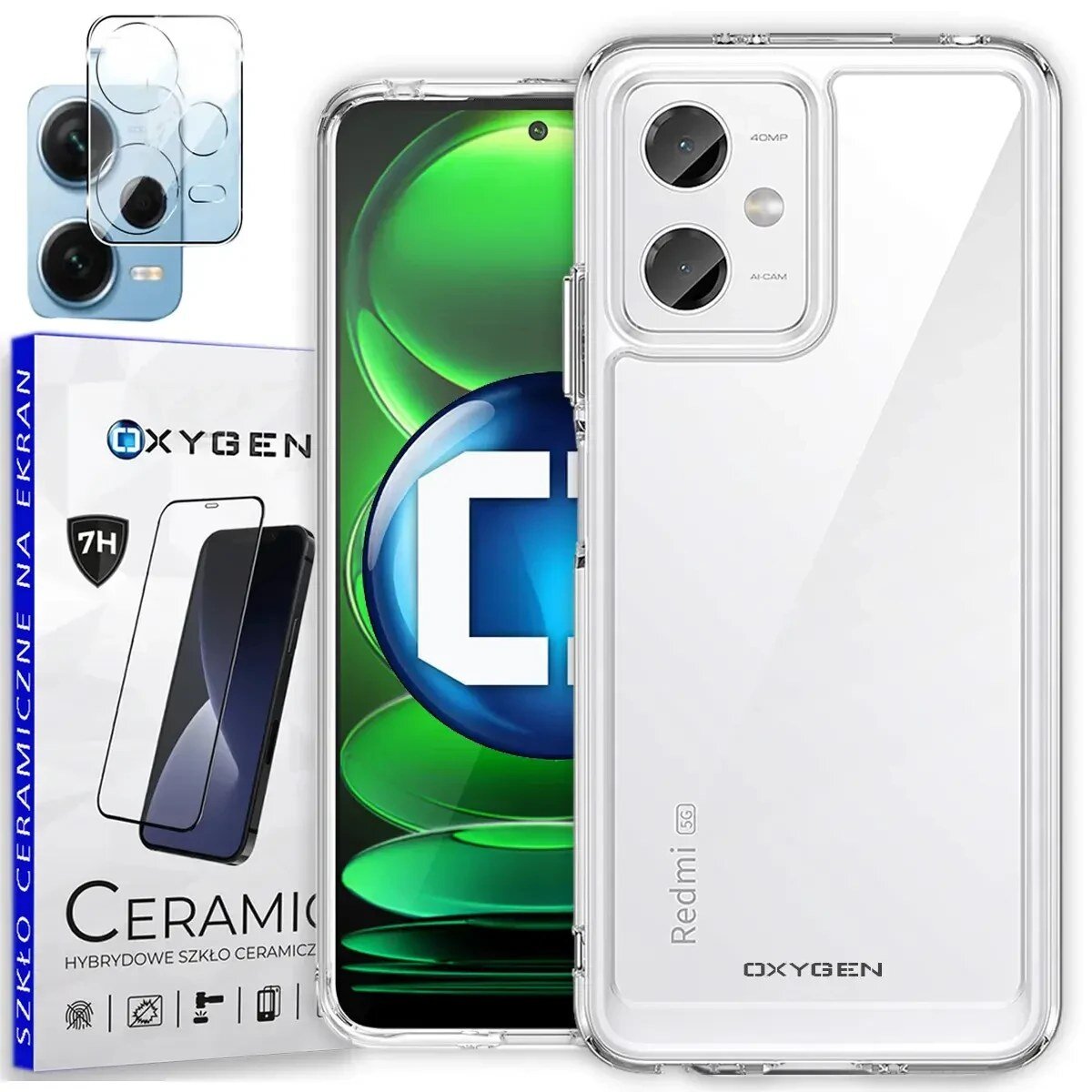 Obraz przedstawia przezroczyste etui na telefon z napisem \'Redmi 5G\' oraz \'OXYGEN\'. Obok znajduje się opakowanie z napisem \'OXYGEN CERAMIC Hybrydowe szkło ceramiczne na ekran\'.
