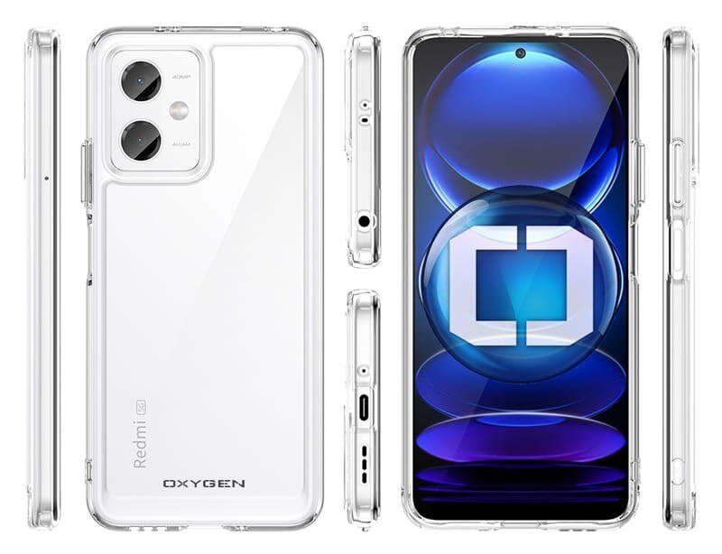 Przezroczyste etui na telefon z widocznym napisem \'Redmi\' i \'OXYGEN\'. Telefon w etui pokazany jest z różnych perspektyw, z przodu widoczny ekran z niebieskim wzorem.