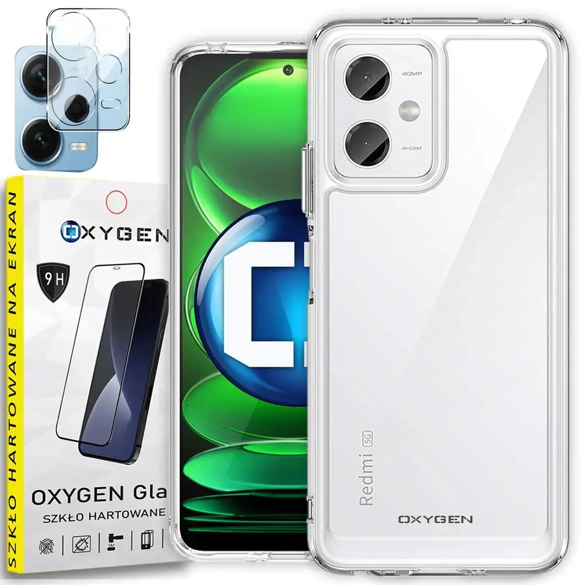 Obraz przedstawia przezroczyste etui na telefon z widocznym napisem \'Redmi 5G\' oraz \'OXYGEN\'. Obok znajduje się opakowanie szkła hartowanego z napisem \'OXYGEN Glass SZKŁO HARTOWANE NA EKRAN 9H\'.