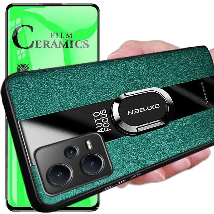 Obraz przedstawia zielone etui na telefon z teksturą, z napisem \'AUTO FOCUS\' i \'OXYGEN\' na czarnym pasku. W tle widoczna jest zielona powierzchnia z napisem \'FILM CERAMICS\'.