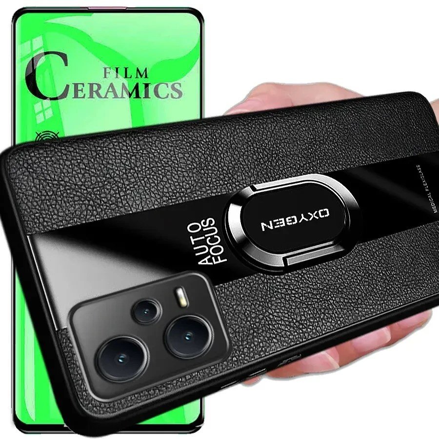 Obraz przedstawia czarne etui na telefon z teksturą skóry i napisem \'AUTO FOCUS\' oraz \'OXYGEN\'. W tle widoczny jest zielony ekran z napisem \'FILM CERAMICS\'.