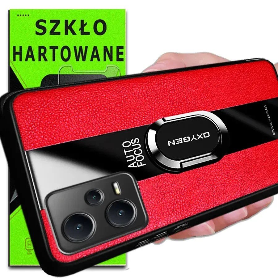 Na obrazie widoczne jest czerwone etui na telefon z napisem \'AUTO FOCUS\' oraz \'OXYGEN\'. W tle znajduje się zielone opakowanie z napisem \'SZKŁO HARTOWANE\'.