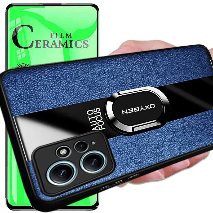 Na obrazie widoczne jest etui na telefon w kolorze niebieskim z napisem \'AUTO FOCUS OXYGEN\' oraz szkło ochronne z napisem \'FILM CERAMICS\'.