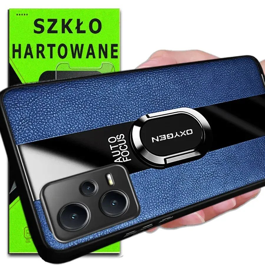 Na zdjęciu widoczne jest niebieskie etui na telefon z napisem \'OXYGEN\' oraz \'AUTO FOCUS\'. W tle znajduje się opakowanie z napisem \'SZKŁO HARTOWANE\'.