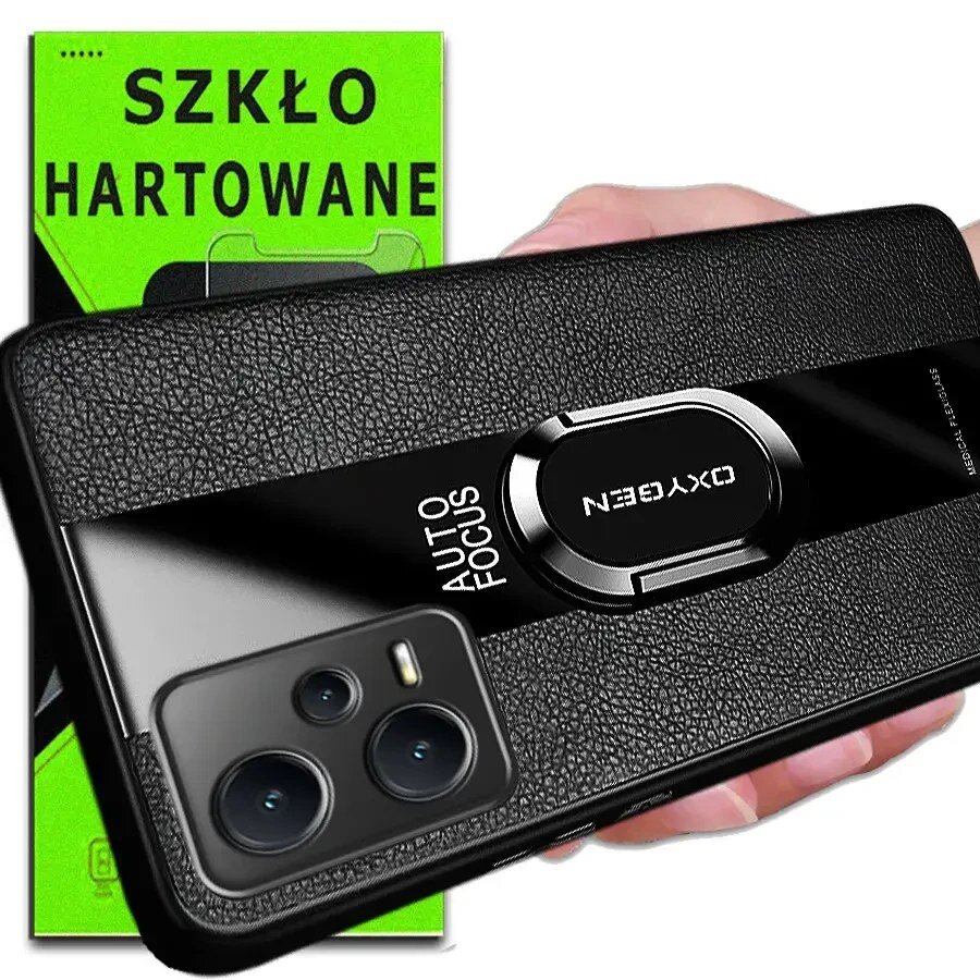 Na obrazie widoczne jest czarne etui na telefon z napisem \'AUTO FOCUS\' oraz \'OXYGEN\', a w tle zielone opakowanie z napisem \'SZKŁO HARTOWANE\'.