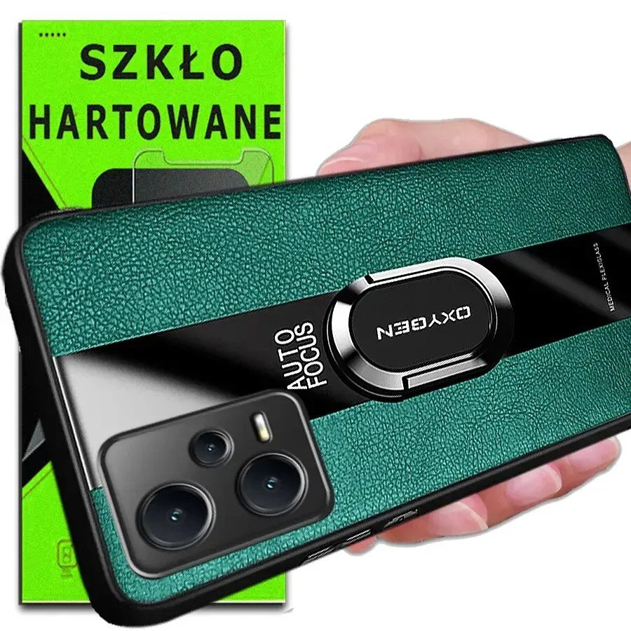 Na obrazie widoczne jest etui na telefon w kolorze zielonym z czarnym paskiem i napisem \'AUTO FOCUS\' oraz \'OXYGEN\'. W tle znajduje się opakowanie z napisem \'SZKŁO HARTOWANE\'.