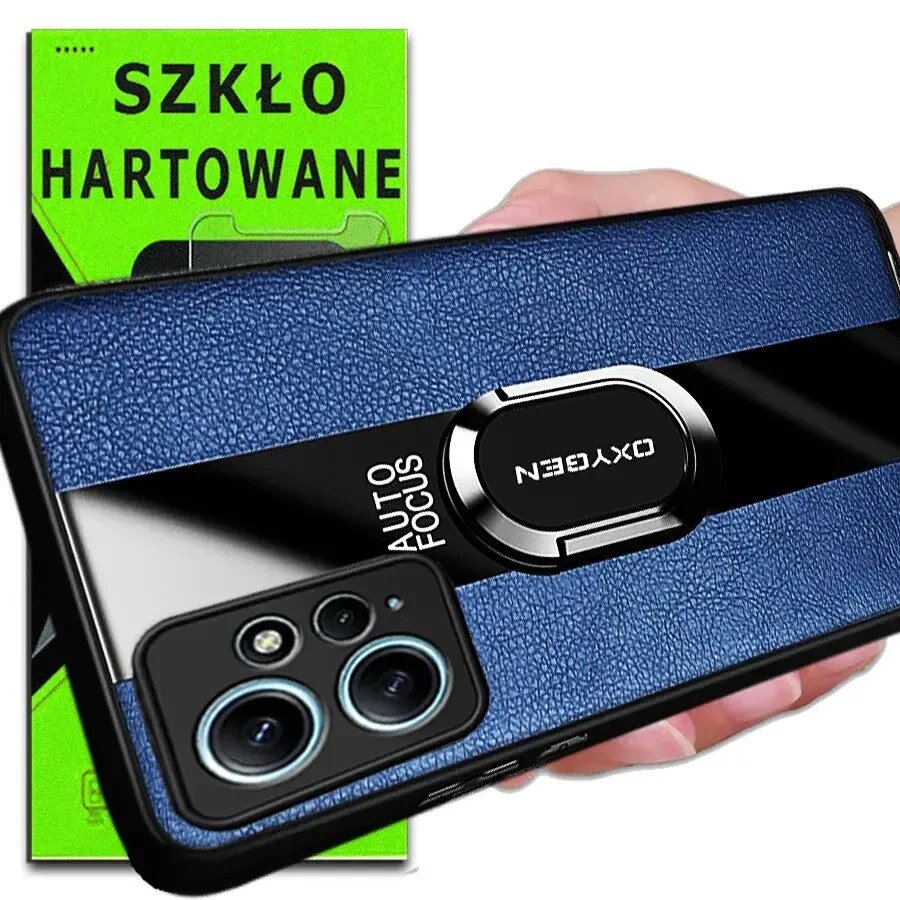 Na zdjęciu widoczne jest niebieskie etui na telefon z napisem \'OXYGEN\' oraz \'AUTO FOCUS\', a w tle opakowanie z napisem \'SZKŁO HARTOWANE\'.