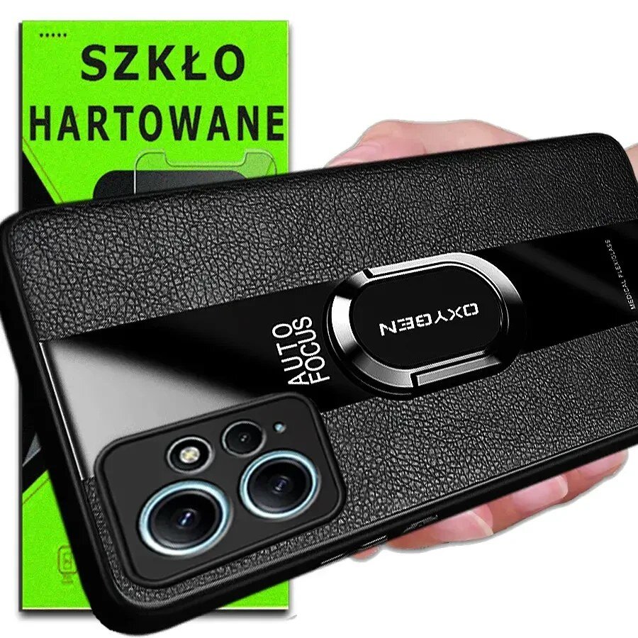Na obrazie widoczne jest czarne etui na telefon z teksturą skóry i napisem \'AUTO FOCUS OXYGEN\'. W tle znajduje się zielone opakowanie z napisem \'SZKŁO HARTOWANE\'.