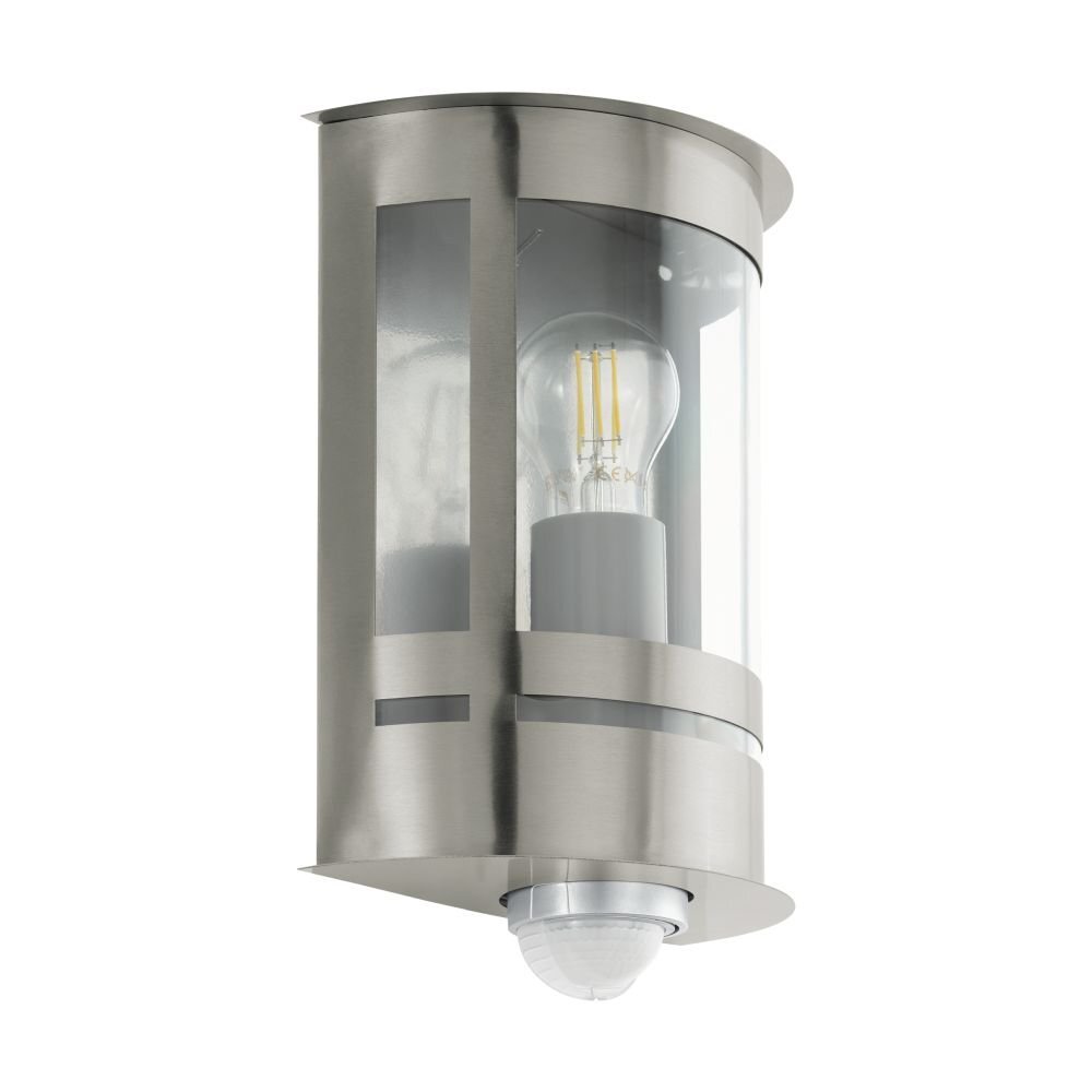 Lampa ścienna natynkowa z czujnikiem ruchu, wykonana z metalu i szkła, z widoczną żarówką wewnątrz.