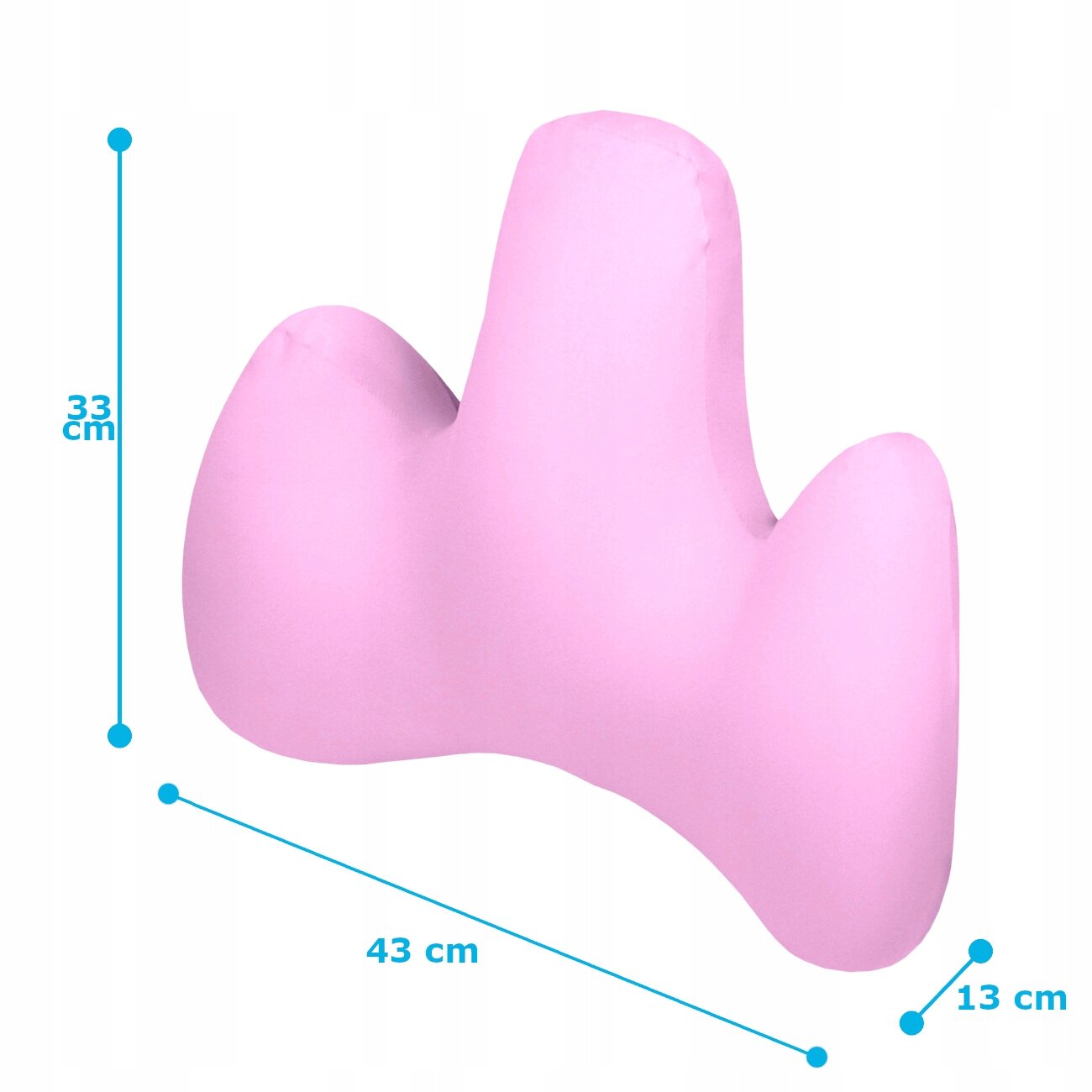 Różowa poduszka lędźwiowa o unikalnym kształcie, z wymiarami 33 cm wysokości, 43 cm szerokości i 13 cm głębokości.