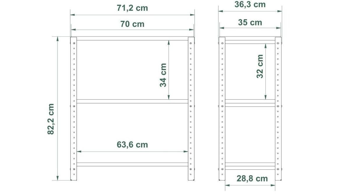 Schemat regału z wymiarami: wysokość 82,2 cm, szerokość 71,2 cm i głębokość 36,3 cm. Widoczne są szczegółowe wymiary półek i odstępy między nimi.