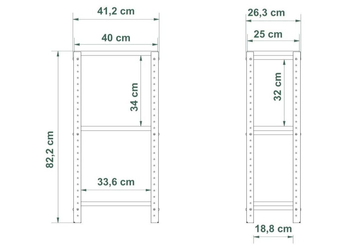 Obraz przedstawia dwa schematy regałów z wymiarami. Pierwszy regał ma wymiary 82,2 cm wysokości, 41,2 cm szerokości i 33,6 cm głębokości, a drugi 26,3 cm szerokości i 18,8 cm głębokości.