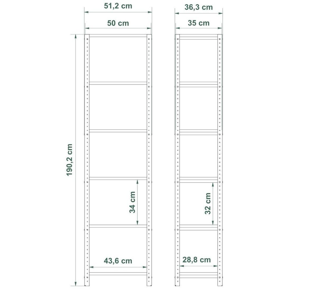 Schemat dwóch regałów z wymiarami: pierwszy ma 190,2 cm wysokości, 51,2 cm szerokości i 43,6 cm głębokości, a drugi 190,2 cm wysokości, 36,3 cm szerokości i 28,8 cm głębokości. Odległości między półkami wynoszą odpowiednio 34 cm i 32 cm.