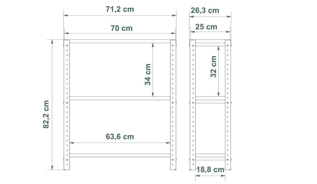 Schemat regału z wymiarami: szerokość 71,2 cm, wysokość 82,2 cm, głębokość 26,3 cm. Wymiary półek to 70 cm na 34 cm oraz 25 cm na 32 cm.