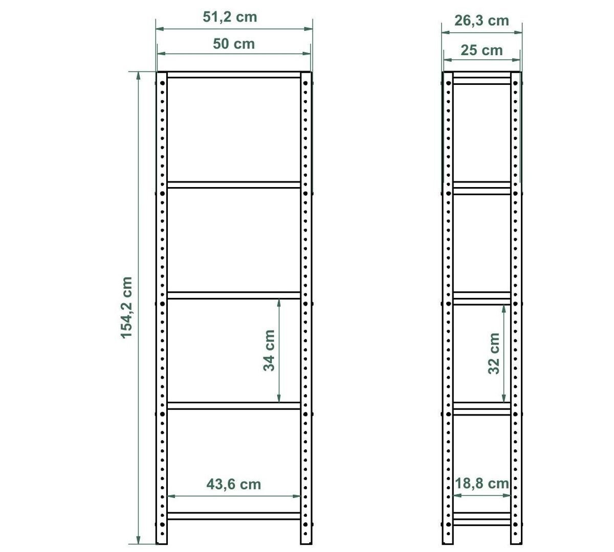 Schemat regału z wymiarami: wysokość 154,2 cm, szerokość 51,2 cm, głębokość 26,3 cm. Wymiary półek to 34 cm i 32 cm wysokości, oraz 43,6 cm i 18,8 cm szerokości.