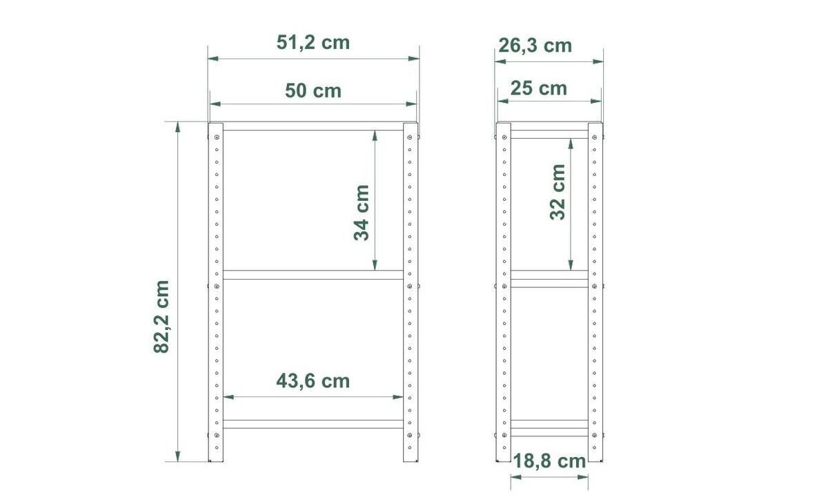 Schemat regału z wymiarami: szerokość 51,2 cm, głębokość 26,3 cm, wysokość 82,2 cm. Wymiary półek to 50 cm x 25 cm, z odstępami 34 cm i 32 cm między półkami.