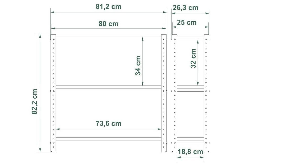 Schemat regału z wymiarami: szerokość 81,2 cm, głębokość 26,3 cm, wysokość 82,2 cm. Wymiary półek to 80 cm na 25 cm i 73,6 cm na 34 cm.