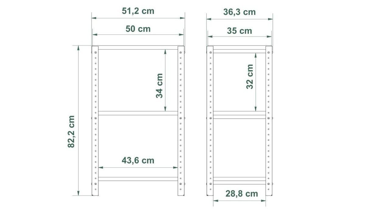 Schemat regału z wymiarami: wysokość 82,2 cm, szerokość 51,2 cm i 36,3 cm, głębokość 50 cm i 35 cm. Wysokości półek to 34 cm i 32 cm, a szerokości 43,6 cm i 28,8 cm.