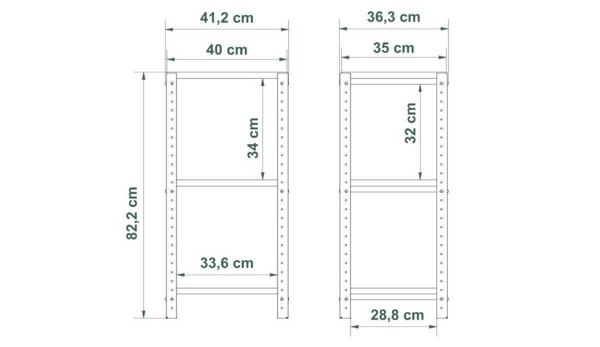 Schemat regału z wymiarami: wysokość 82,2 cm, szerokość 41,2 cm i 36,3 cm, głębokość 40 cm i 35 cm. Wysokość półek wynosi 34 cm i 32 cm, a szerokość półek to 33,6 cm i 28,8 cm.