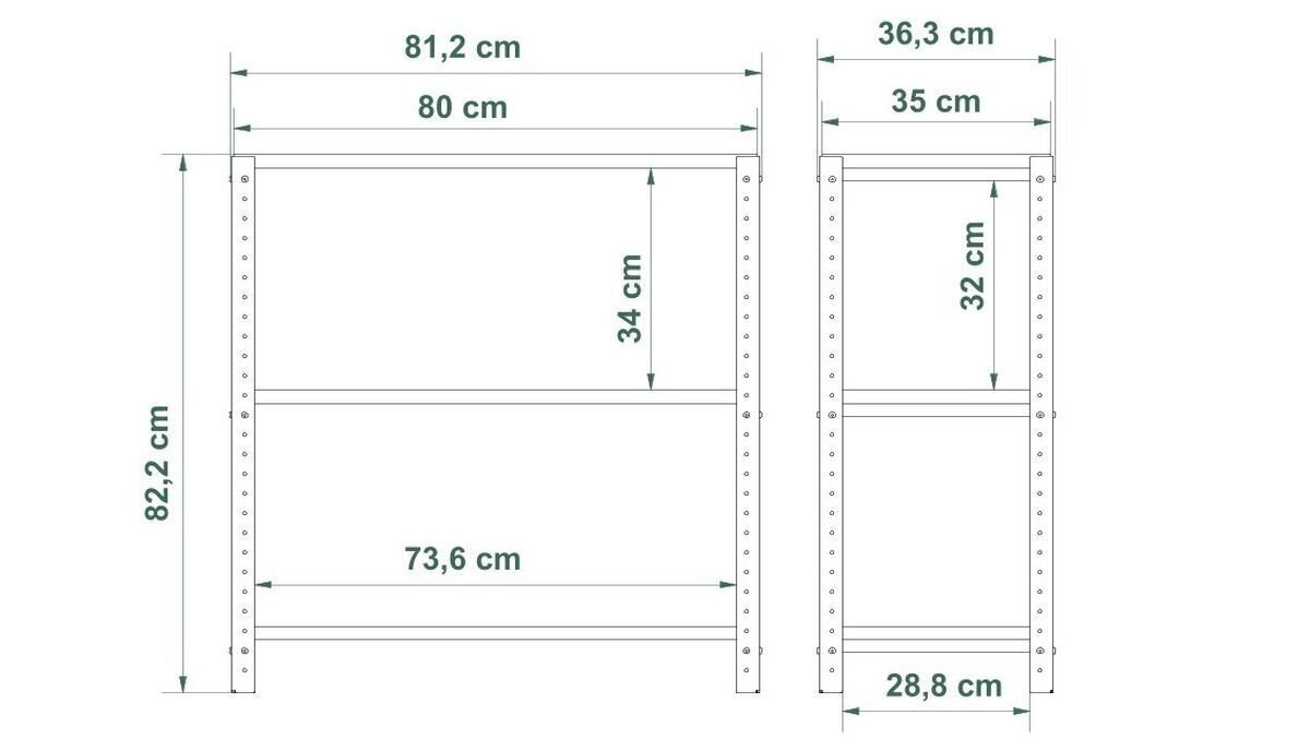 Schemat regału z wymiarami: szerokość 81,2 cm, głębokość 36,3 cm, wysokość 82,2 cm. Wymiary półek to 80 cm x 35 cm i 73,6 cm x 28,8 cm.