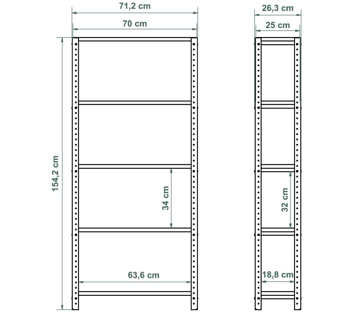 Schemat regału z wymiarami: wysokość 154,2 cm, szerokość 71,2 cm, głębokość 26,3 cm. Półki mają wysokość 34 cm i 32 cm, a szerokość 63,6 cm i 18,8 cm.