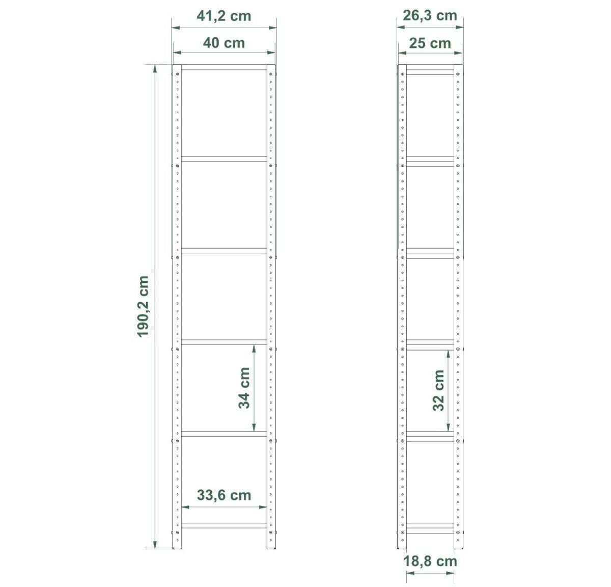 Schemat regału z wymiarami: wysokość 190,2 cm, szerokość 41,2 cm i 26,3 cm, głębokość 33,6 cm i 18,8 cm. Półki mają wysokość 34 cm i 32 cm.