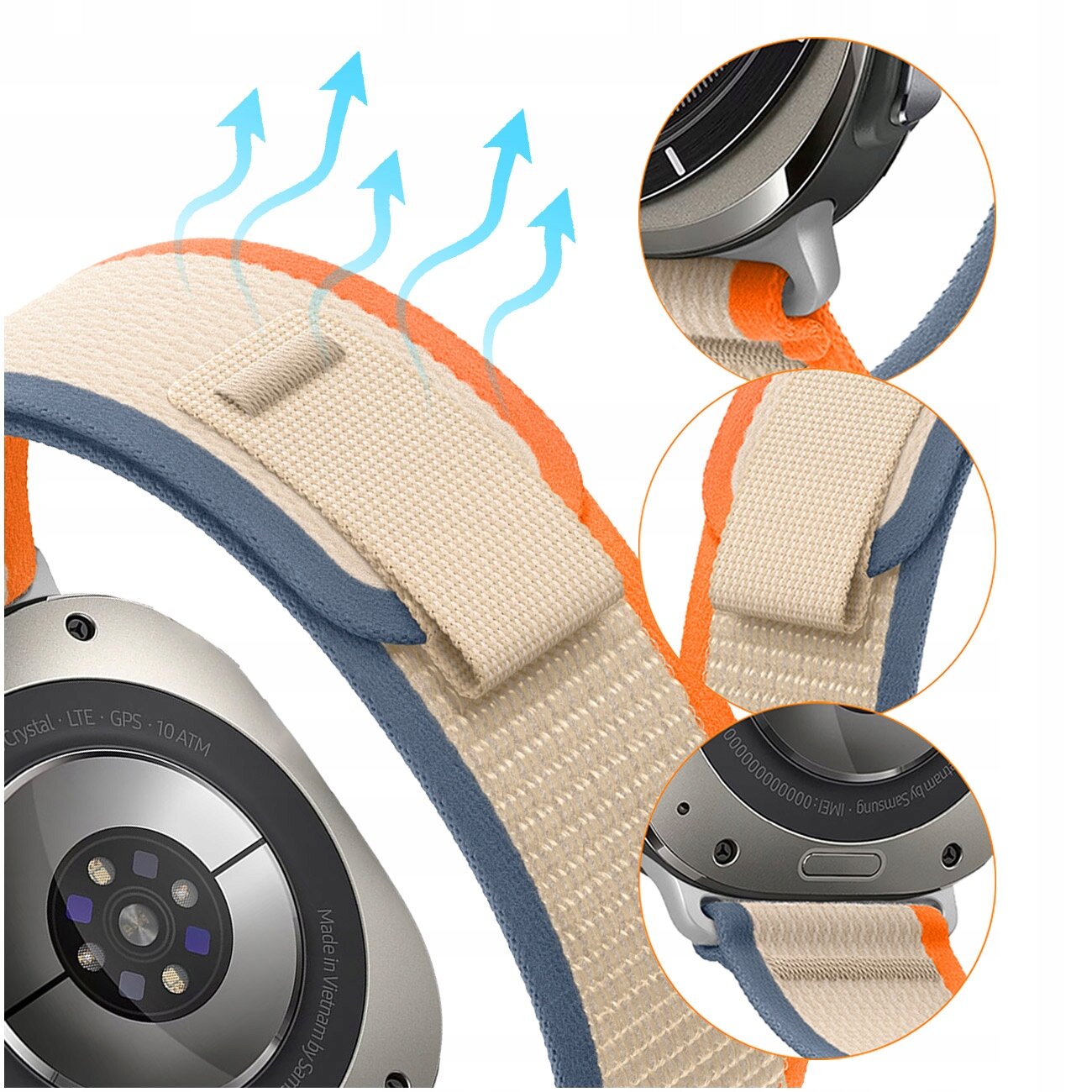 Zdjęcie przedstawia pasek nylonowy w kolorach beżowym, pomarańczowym i niebieskim, przeznaczony do zegarka Samsung Galaxy Watch Ultra 47mm. Widoczne są detale zapięcia oraz fragmenty zegarka z napisami \'Sapphire Crystal\', \'LTE\', \'GPS\', \'10 ATM\', \'Made in Vietnam by Samsung\'.