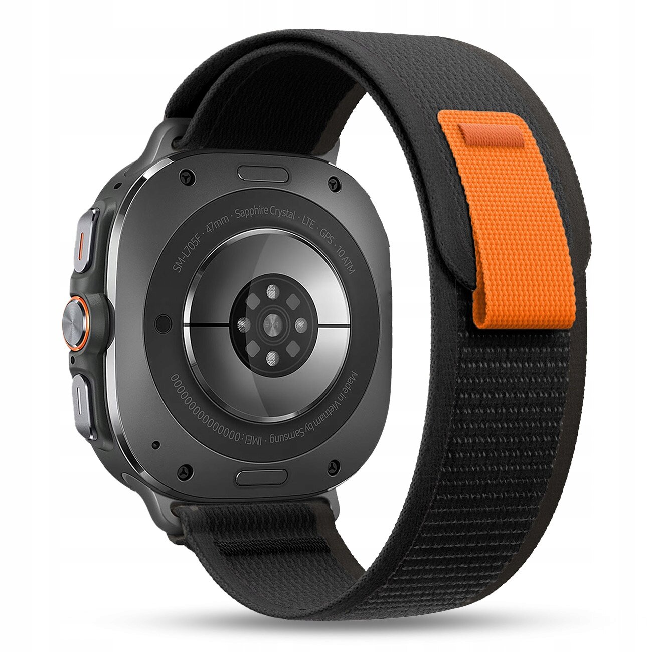 Zdjęcie przedstawia pasek nylonowy do zegarka Samsung Galaxy Watch Ultra 47mm, z widocznym zapięciem w kolorze pomarańczowym i czarnym. Na zegarku widoczny jest napis: \'Sapphire Crystal, LTE, GPS, 10ATM\'.