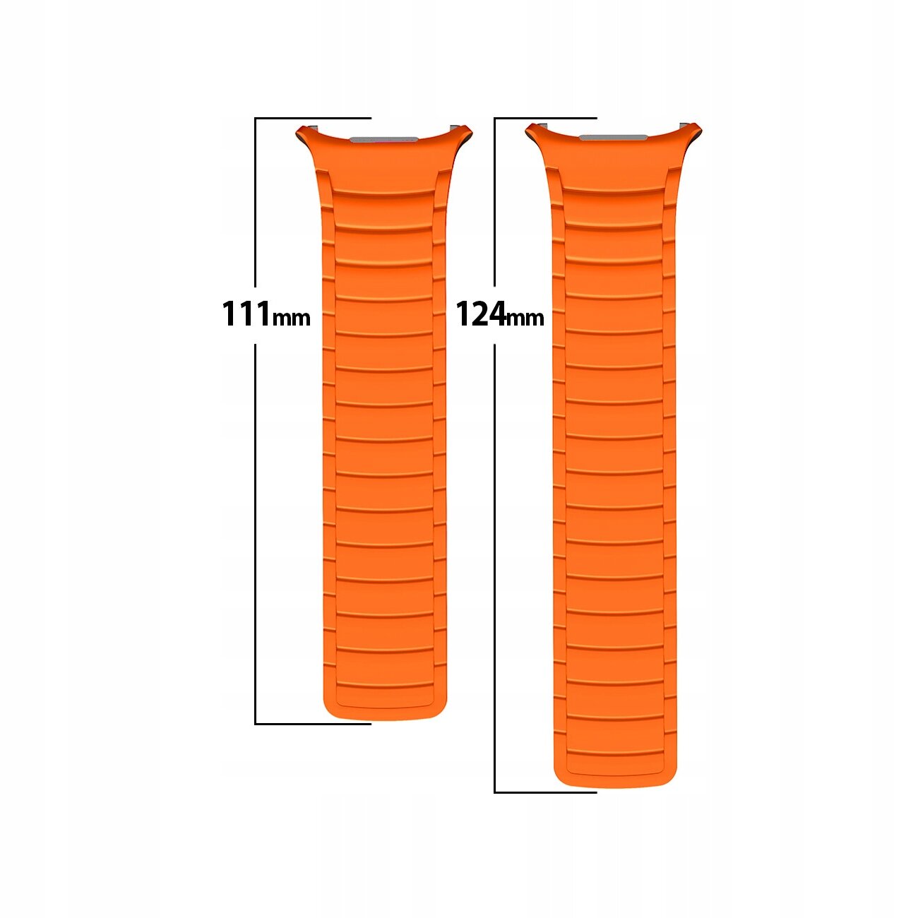 Dwa pomarańczowe paski magnetyczne do zegarka, jeden o długości 111 mm, drugi o długości 124 mm, na białym tle.