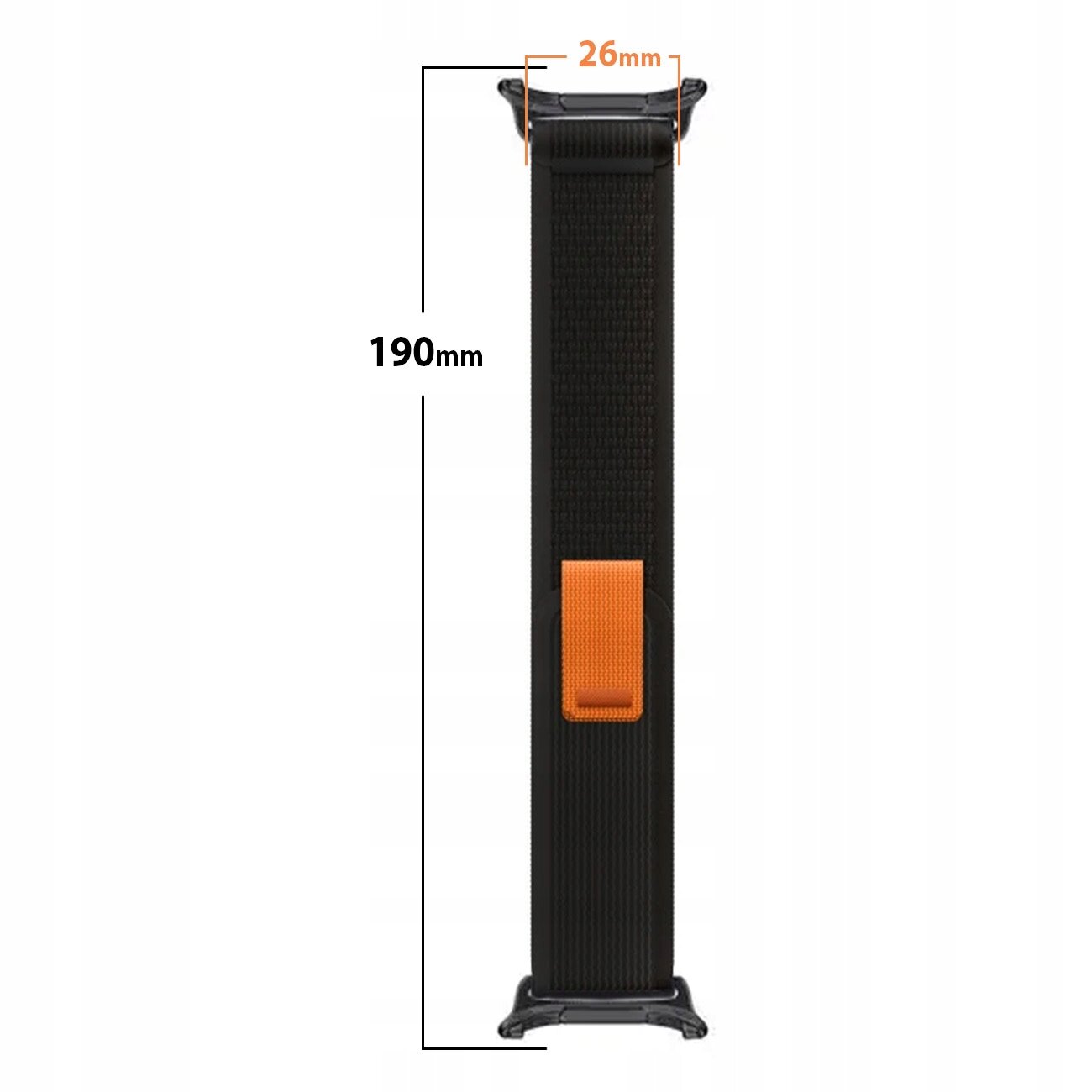 Czarny nylonowy pasek do zegarka z pomarańczowym zapięciem, z oznaczeniami wymiarów 190mm i 26mm.