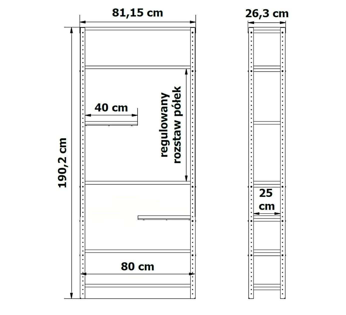 Schemat regału z wymiarami: wysokość 190,2 cm, szerokość 81,15 cm, głębokość 26,3 cm. Widoczne są napisy: \'regulowany rozstaw półek\', \'40 cm\', \'80 cm\', \'25 cm\'.