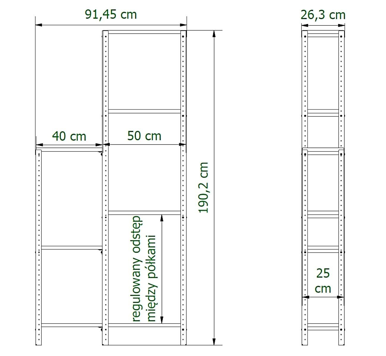 Schemat regału modułowego z wymiarami: szerokość 91,45 cm, wysokość 190,2 cm, głębokość 26,3 cm, z regulowanym odstępem między półkami oraz szerokościami półek 40 cm i 50 cm.