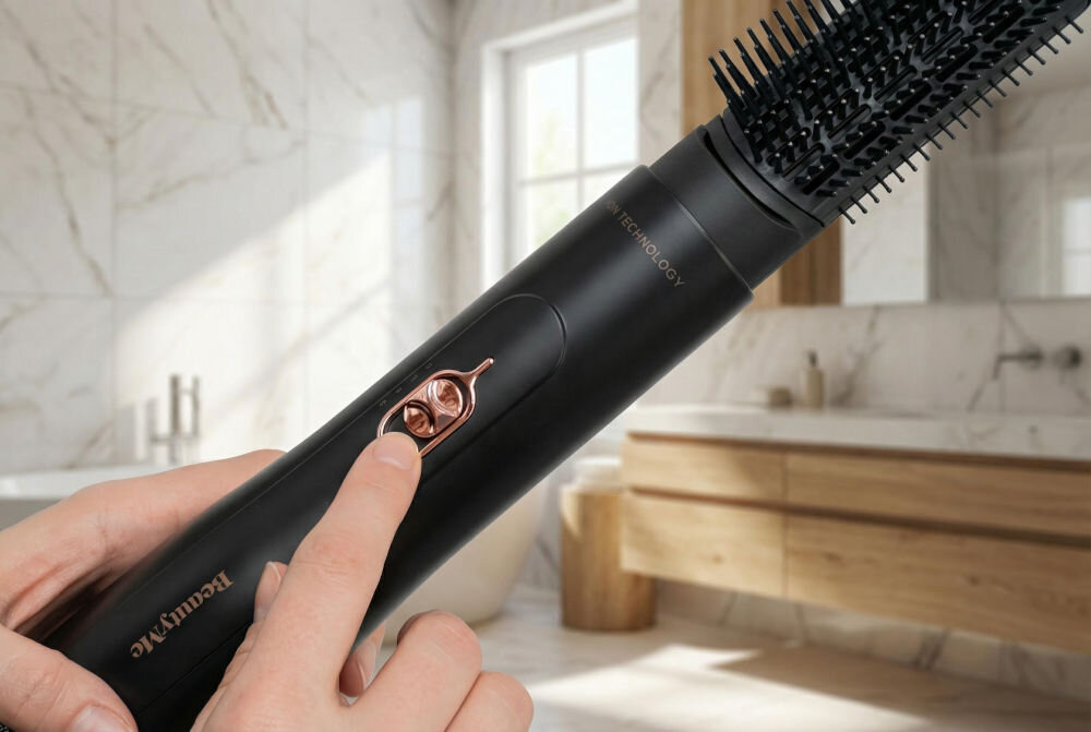 Osoba trzyma suszarko-lokówkę BEAUTYME AS810 w łazience z marmurowymi ścianami i drewnianymi szafkami. Na urządzeniu widoczne są napisy \'BEAUTYME\' i \'TECHNOLOGY\'.