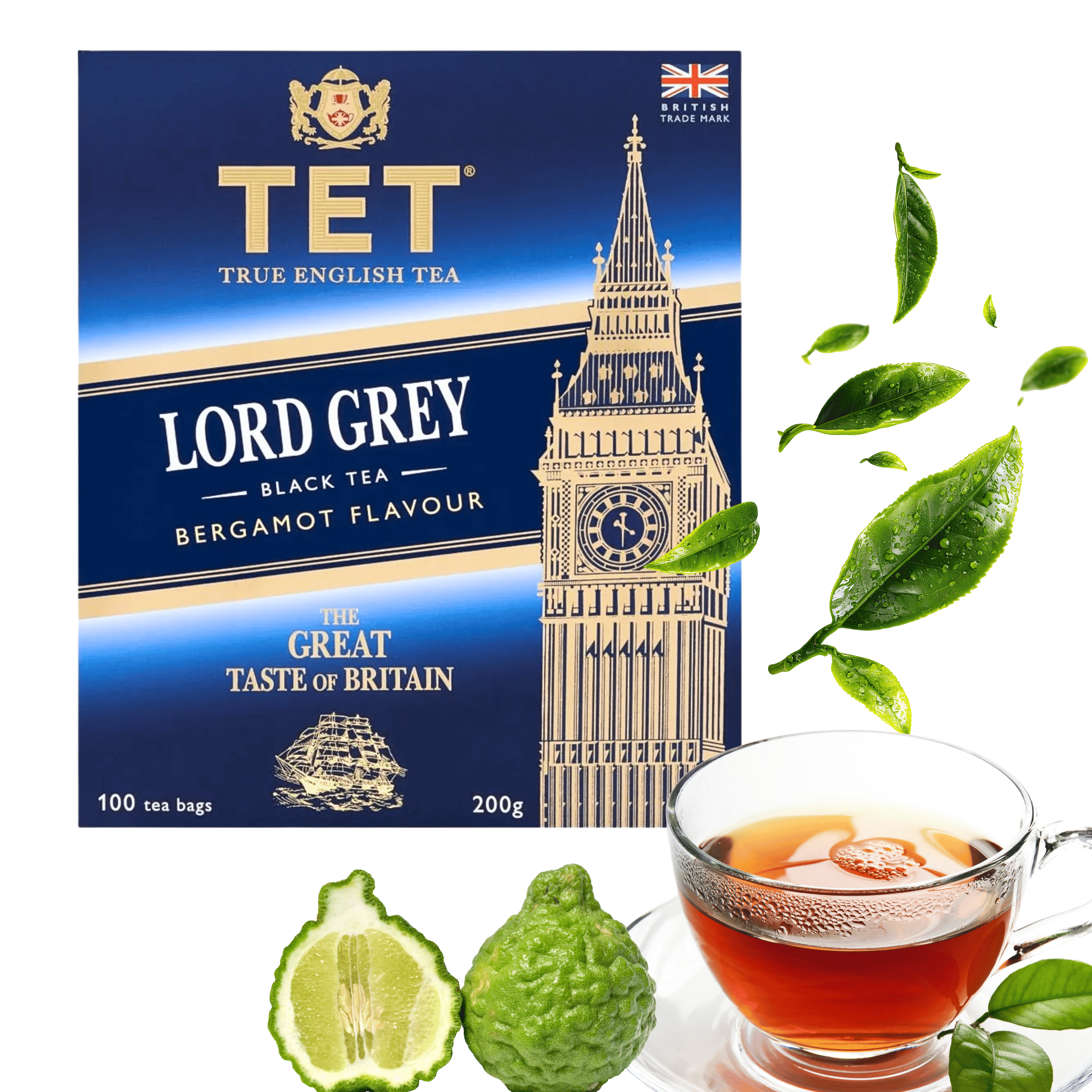 Opakowanie herbaty TET Lord Grey z bergamotką, z wizerunkiem wieży zegarowej i napisem \'THE GREAT TASTE OF BRITAIN\'. Obok filiżanka herbaty, liście herbaty i owoc bergamotki.