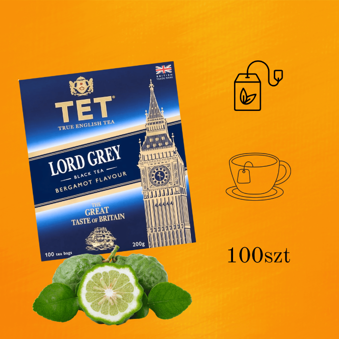 Opakowanie herbaty czarnej bergamotka Premium TET Lord Grey 100 torebek 200g na pomarańczowym tle, obok ilustracje filiżanki z herbatą i torebki herbaty oraz napis \'100szt\'.