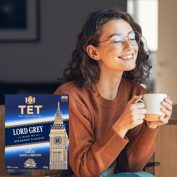 Opakowanie herbaty czarnej bergamotka Premium TET Lord Grey 100 torebek 200g z widocznym napisem \'TET TRUE ENGLISH TEA LORD GREY BLACK TEA BERGAMOT FLAVOUR GREAT TASTE OF BRITAIN\'.