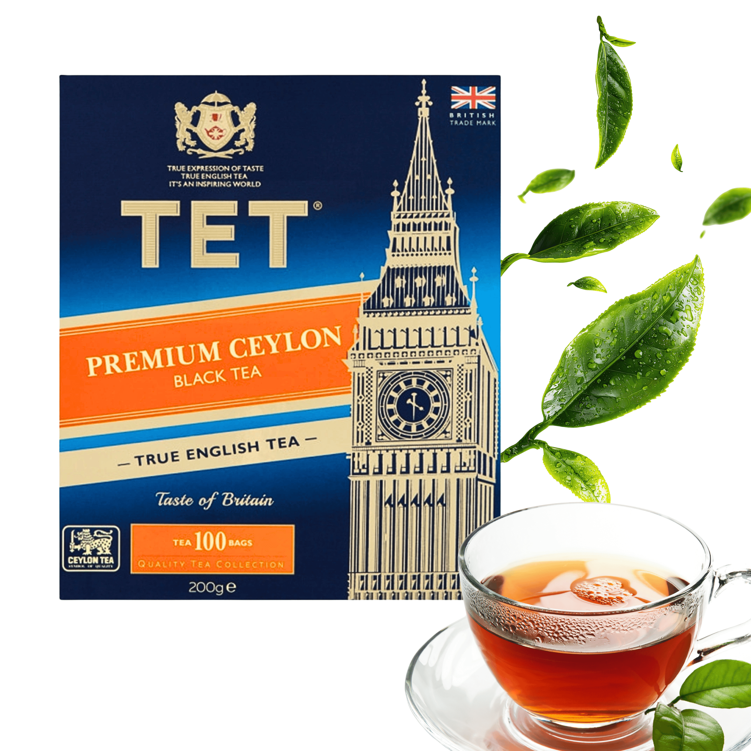Opakowanie herbaty TET Premium Ceylon Black Tea z wizerunkiem Big Bena i napisem \'TEA 100 BAGS QUALITY TEA COLLECTION\'. Obok znajduje się filiżanka z herbatą i zielone liście herbaty.