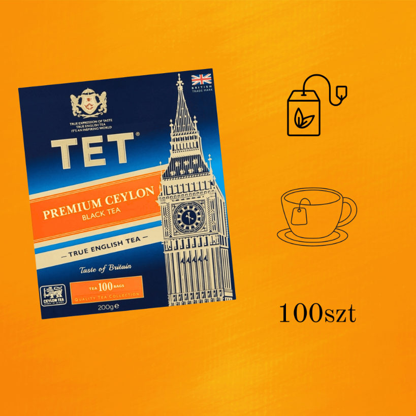 Opakowanie herbaty TET Premium Ceylon Black Tea z wizerunkiem wieży zegarowej i napisem \'100 szt\'.