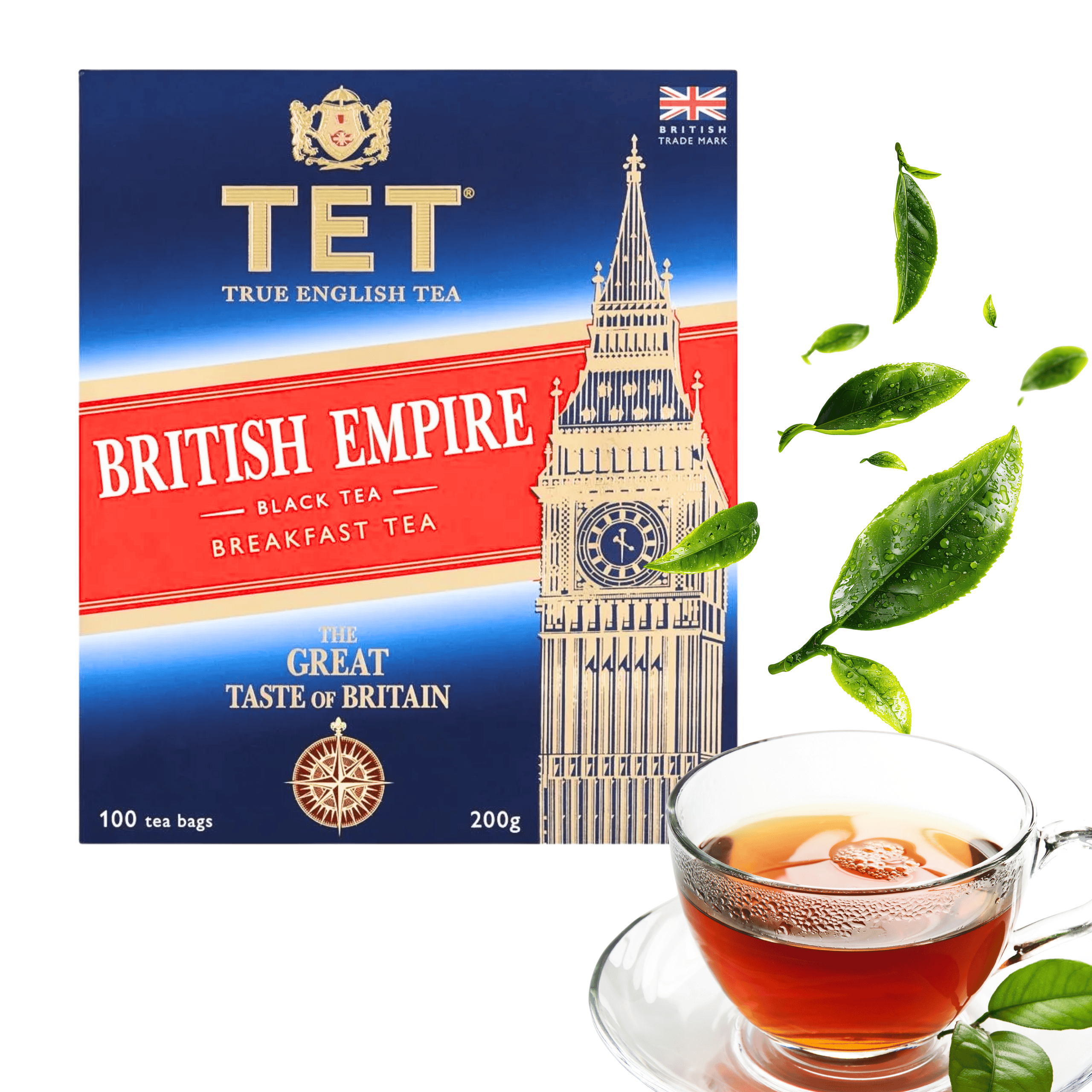 Opakowanie herbaty TET British Empire z wizerunkiem wieży zegarowej i napisem \'BRITISH EMPIRE BLACK TEA BREAKFAST TEA\'. Obok znajduje się filiżanka z herbatą i unoszące się liście herbaty.