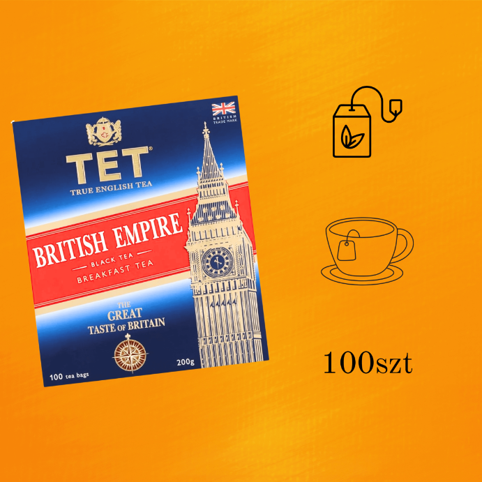 Opakowanie herbaty czarnej TET British Empire z wizerunkiem Big Bena na tle pomarańczowego tła, obok ikony torebki herbaty, filiżanki oraz napisu \'100szt\'.
