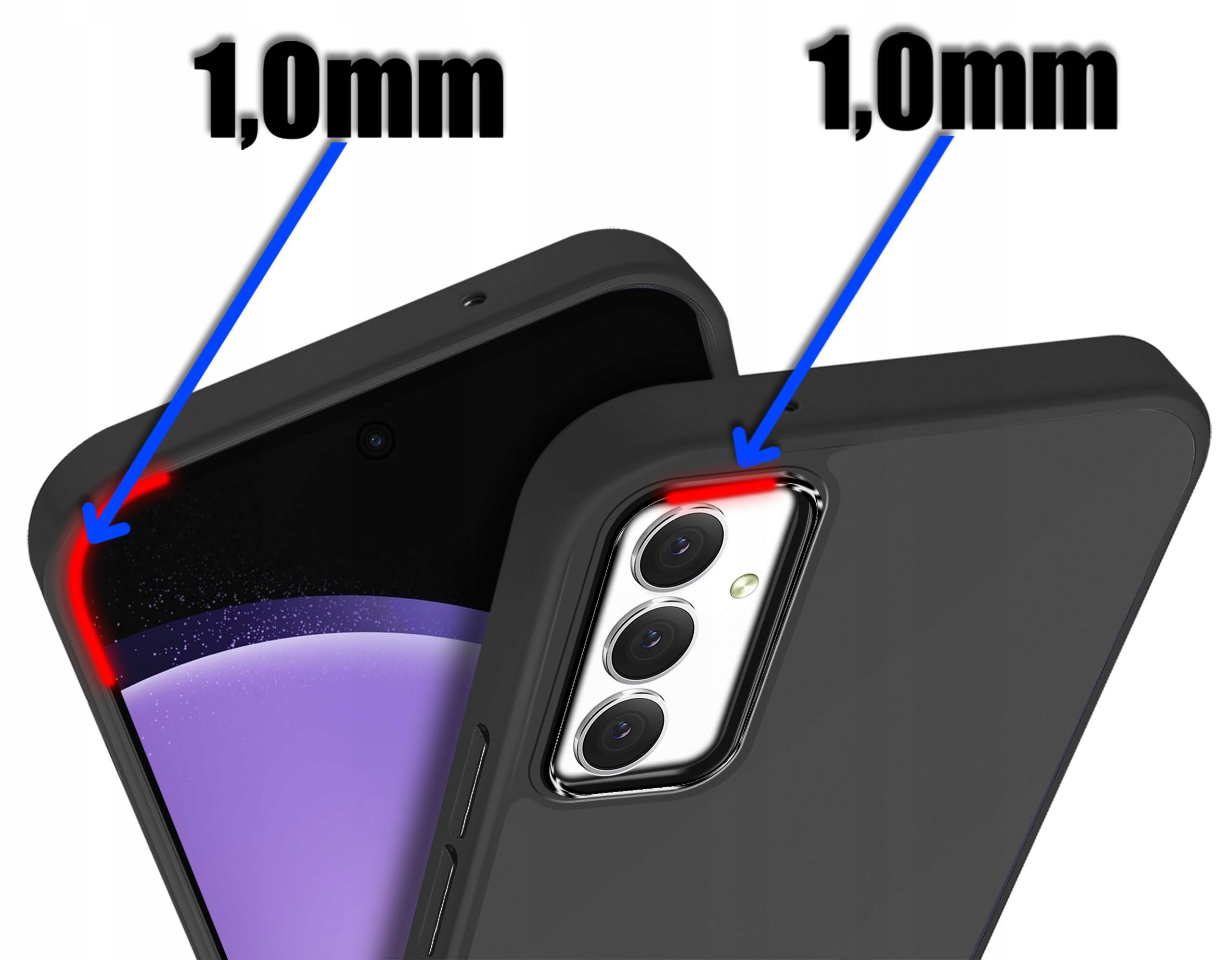 Obraz przedstawia dwa czarne etui na telefon z widocznymi aparatami i ekranem. Na etui zaznaczono czerwonym kolorem krawędzie o grubości 1,0 mm, co wskazują niebieskie strzałki z tekstem \'1,0mm\'.