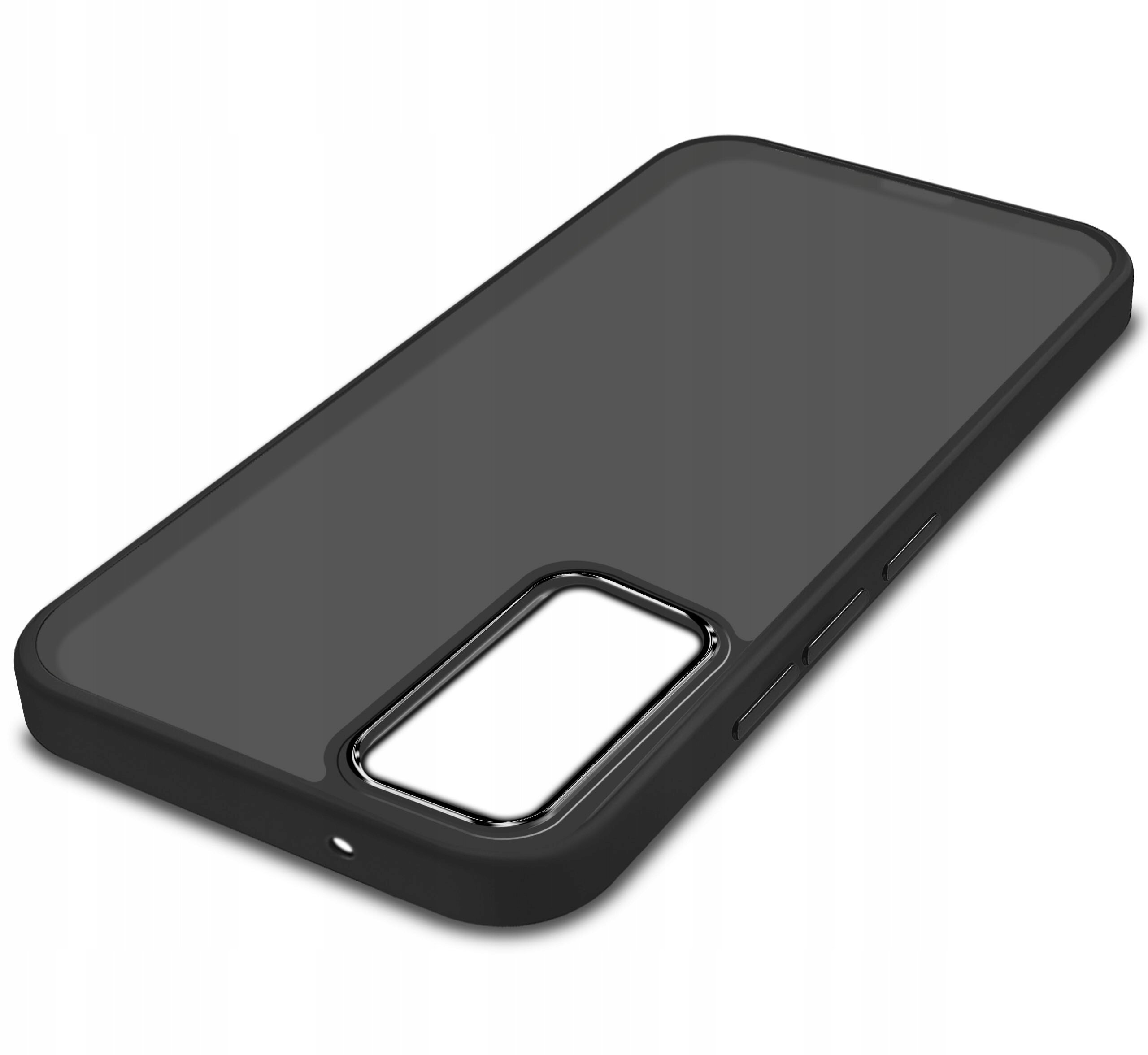 Czarne, matowe etui na telefon z wycięciem na aparat i przyciski boczne. Etui ma gładką powierzchnię i zaokrąglone krawędzie.
