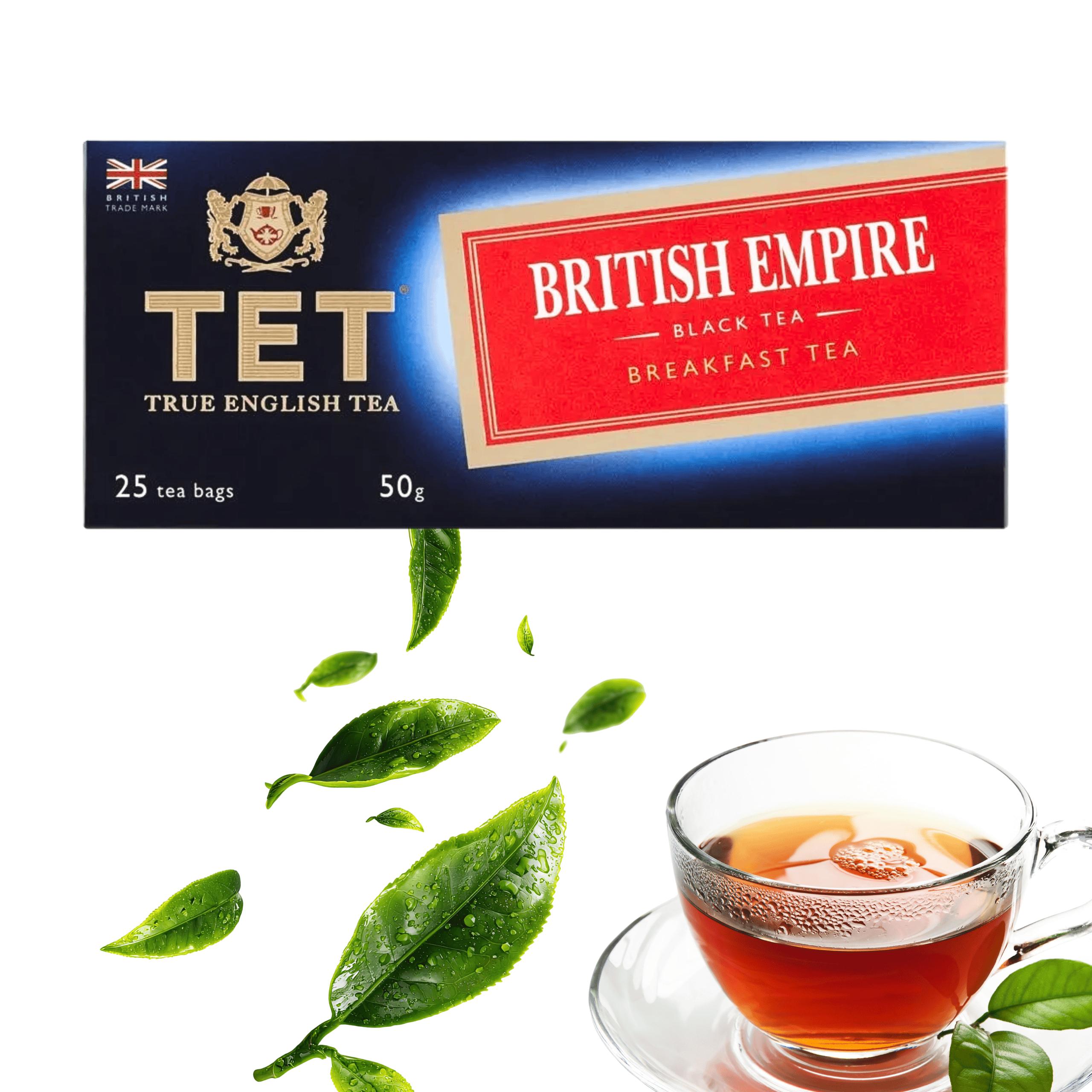 Opakowanie herbaty TET British Empire z napisem \'TRUE ENGLISH TEA\' oraz \'BRITISH EMPIRE BLACK TEA BREAKFAST TEA\', zawierające 25 torebek o wadze 50g. Obok widoczne są zielone liście herbaty i filiżanka z herbatą.