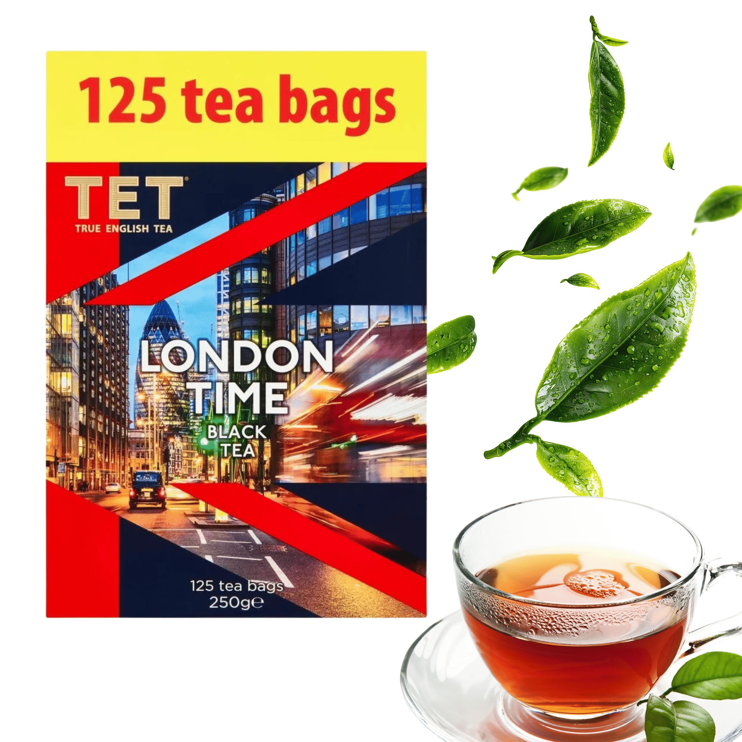 Opakowanie herbaty czarnej TET London Time z napisem \'125 tea bags\' oraz \'125 tea bags 250g\'. Obok znajduje się filiżanka z herbatą i zielone liście herbaty.