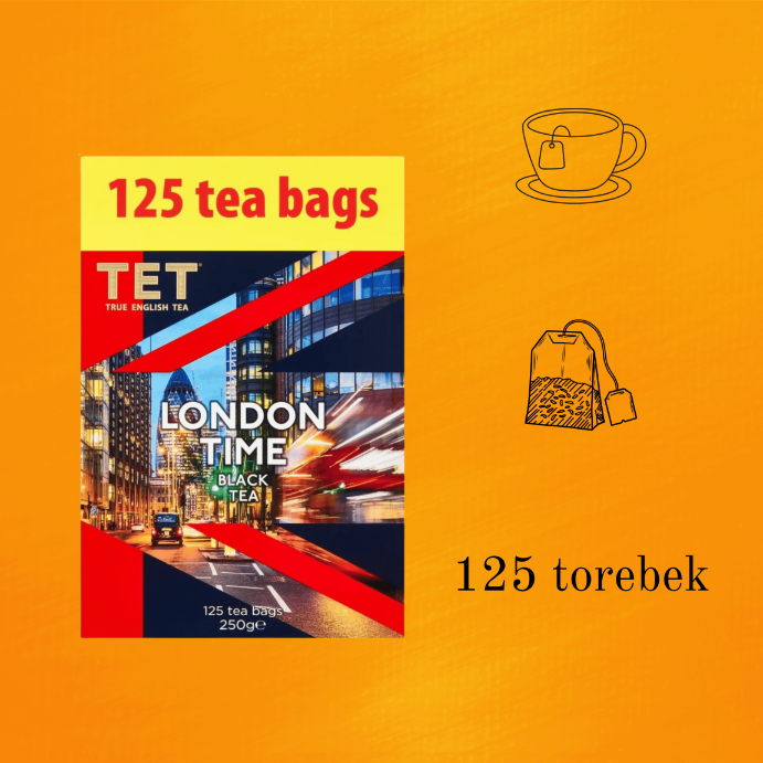 Opakowanie herbaty TET London Time Black Tea z napisem \'125 tea bags\' i \'125 torebek\'. Widoczna jest ilustracja miasta nocą oraz symbole filiżanki i torebki herbaty.