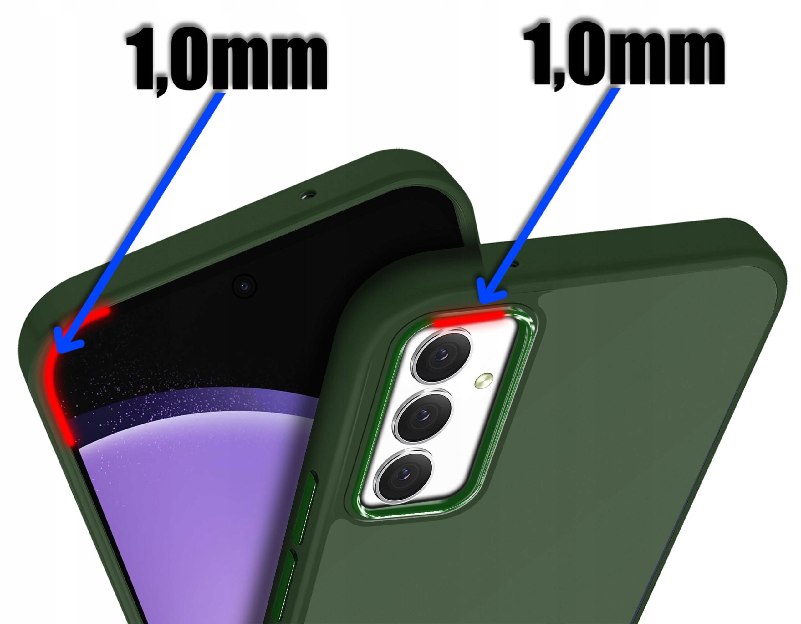 Obraz przedstawia zielone etui na telefon z trzema aparatami, z zaznaczeniem grubości 1,0 mm na krawędziach. Widoczny jest również ekran telefonu z czarną ramką.