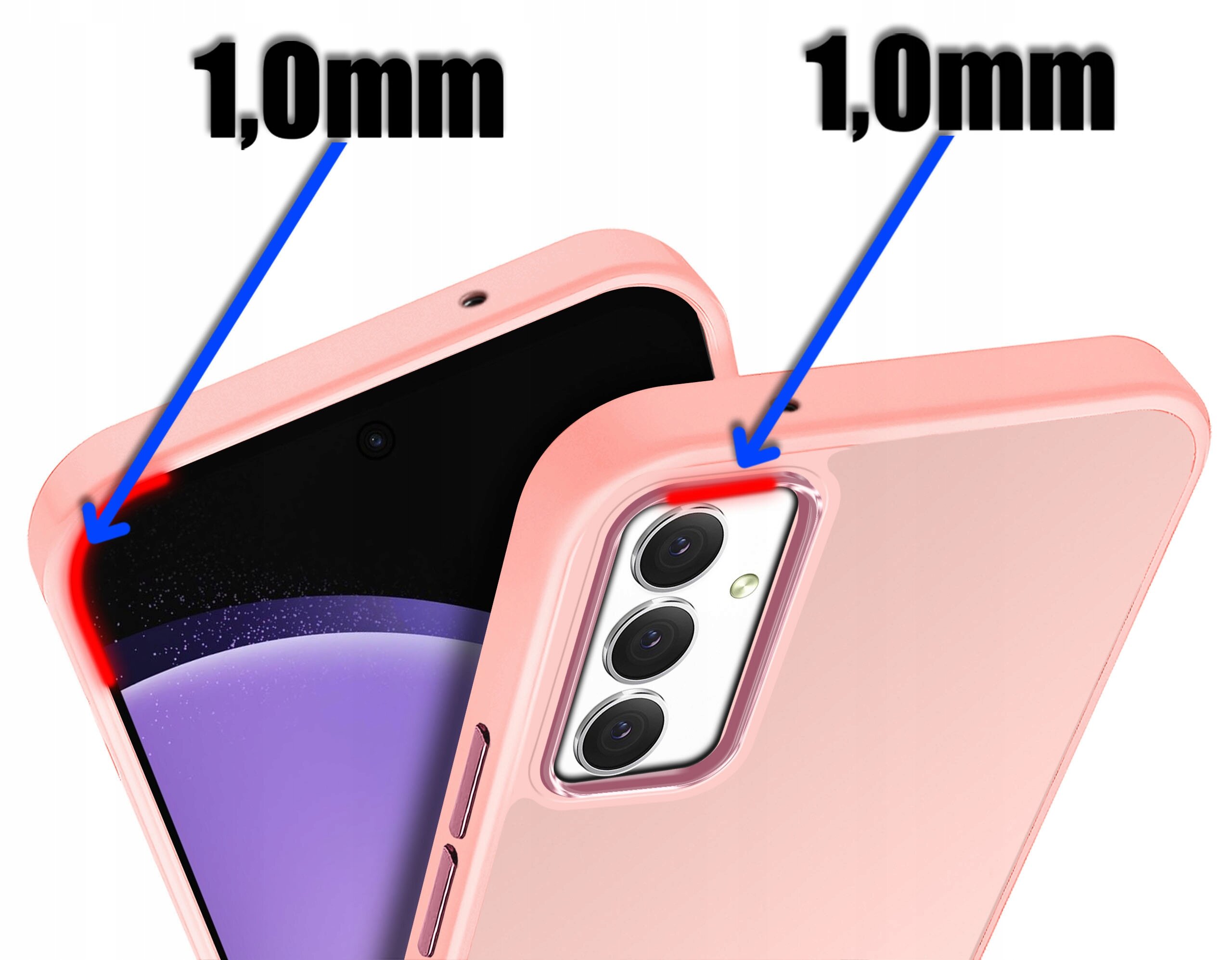 Obraz przedstawia dwa smartfony w różowych etui, z widocznymi aparatami i ekranami. Na obrazie znajdują się napisy \'1,0mm\' z niebieskimi strzałkami wskazującymi na krawędzie etui.