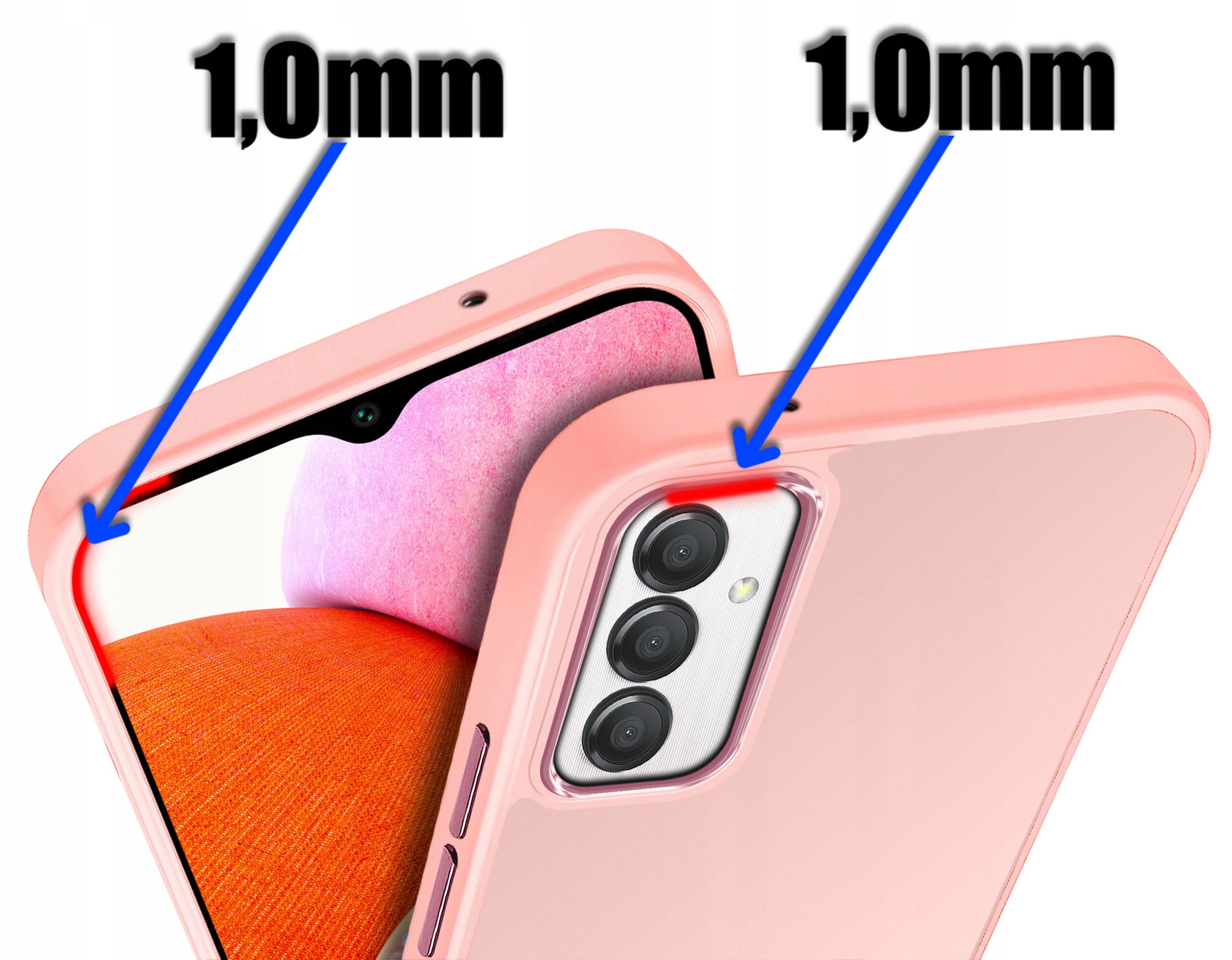 Obraz przedstawia różowe etui na telefon z trzema aparatami, z zaznaczoną grubością 1,0 mm przy krawędziach. W tle widoczny jest ekran telefonu z kolorowym tłem.