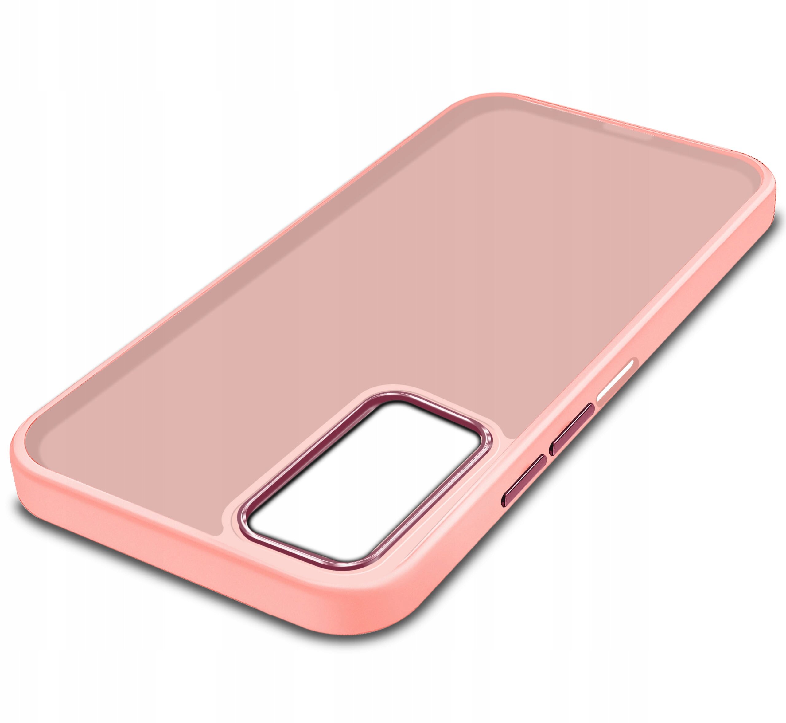 Różowe etui na telefon z wycięciem na aparat i przyciski boczne. Powierzchnia jest matowa i gładka.
